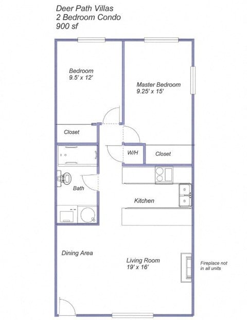 Floor plan for 2 beds, 1 bath, 900 sqft